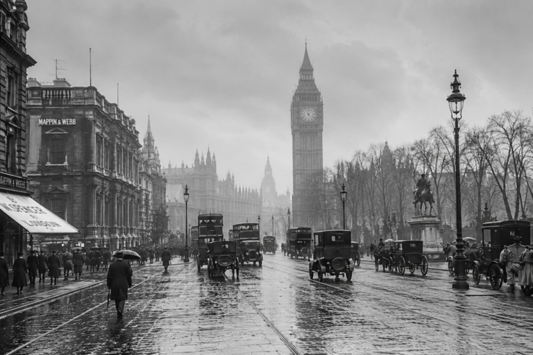 Historic London street showing British culture and language history